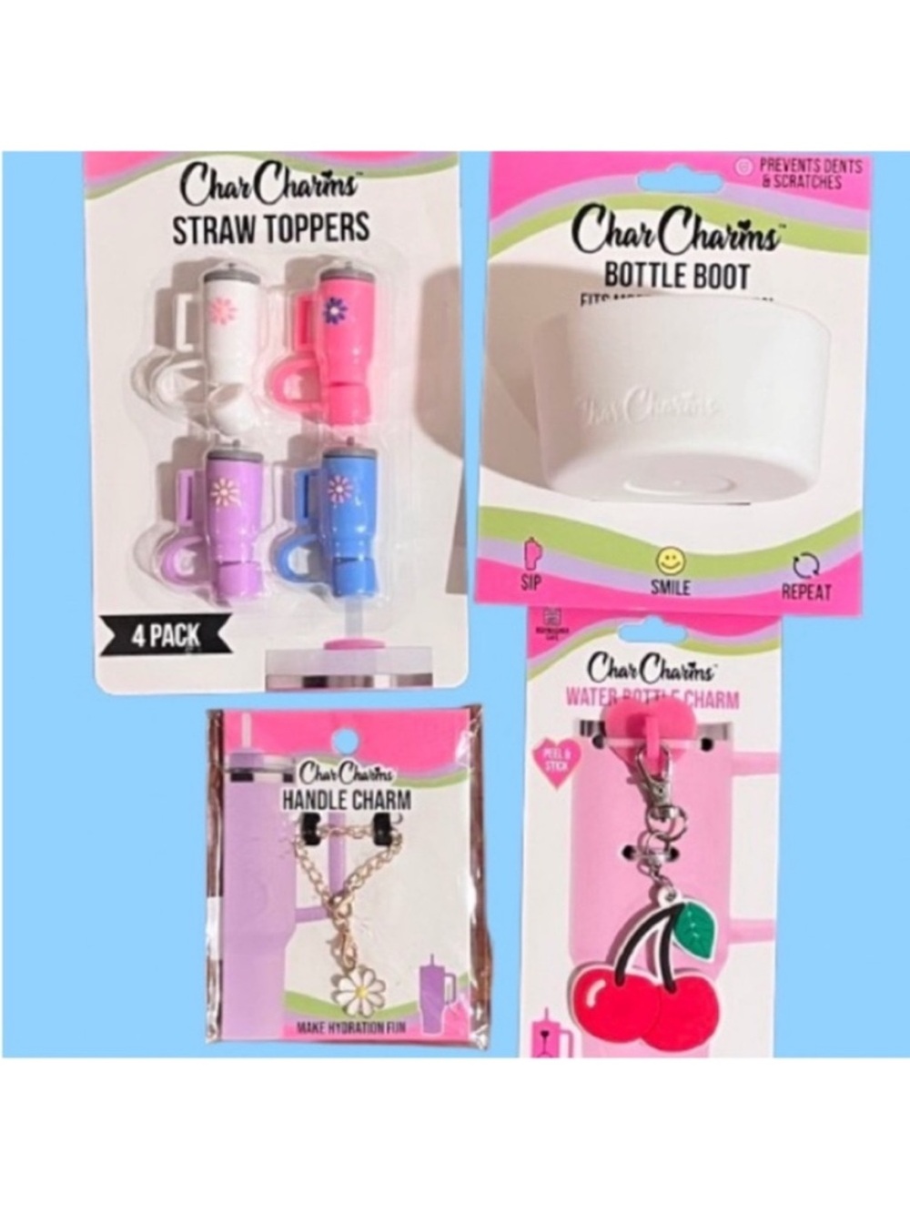 🆕-Char Charms- Set of 4 Water Bottle Accessories-Straw Toppers, Boot & Charms